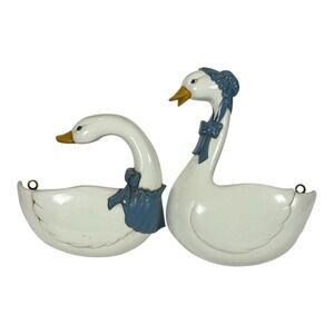 Vintage 1987 Burwood Products Country Geese Wall Pockets Set 2814 Blue White USA